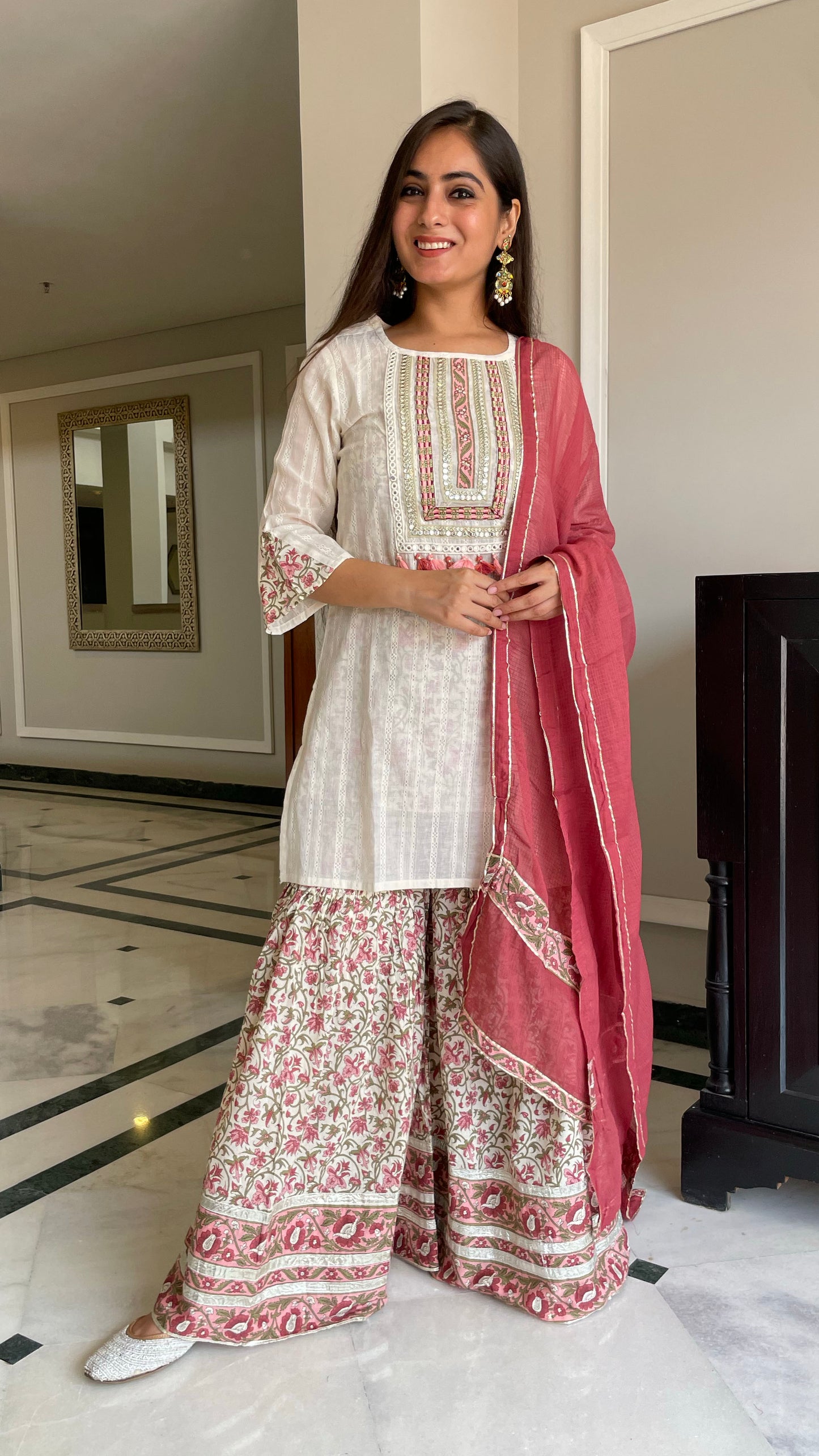 Cream Floral Sharara Suit