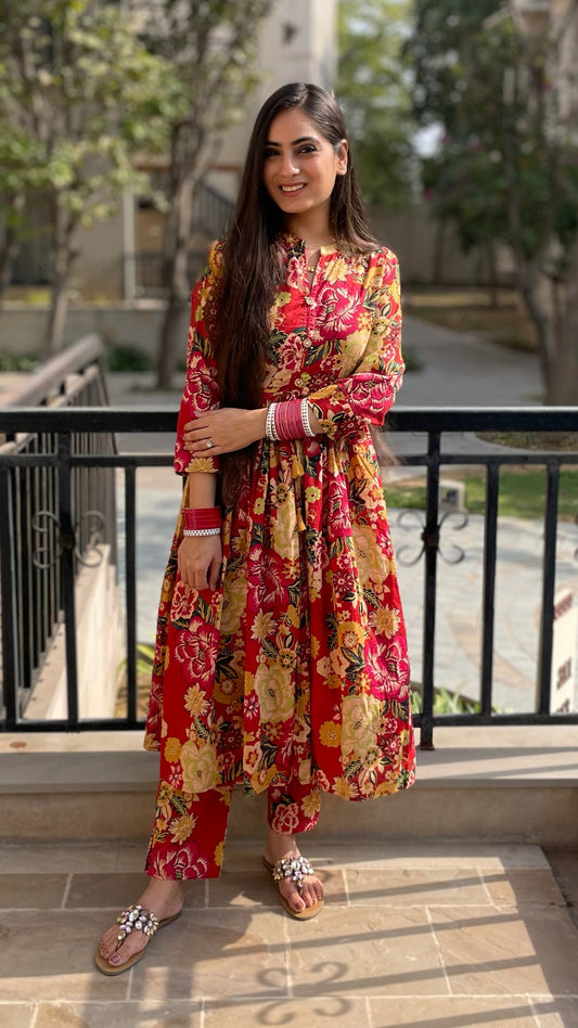 Red Floral Kurta Set