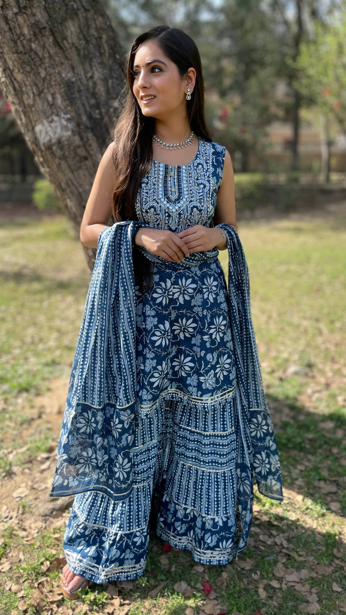 Blue Sleeveless Sharara Suit