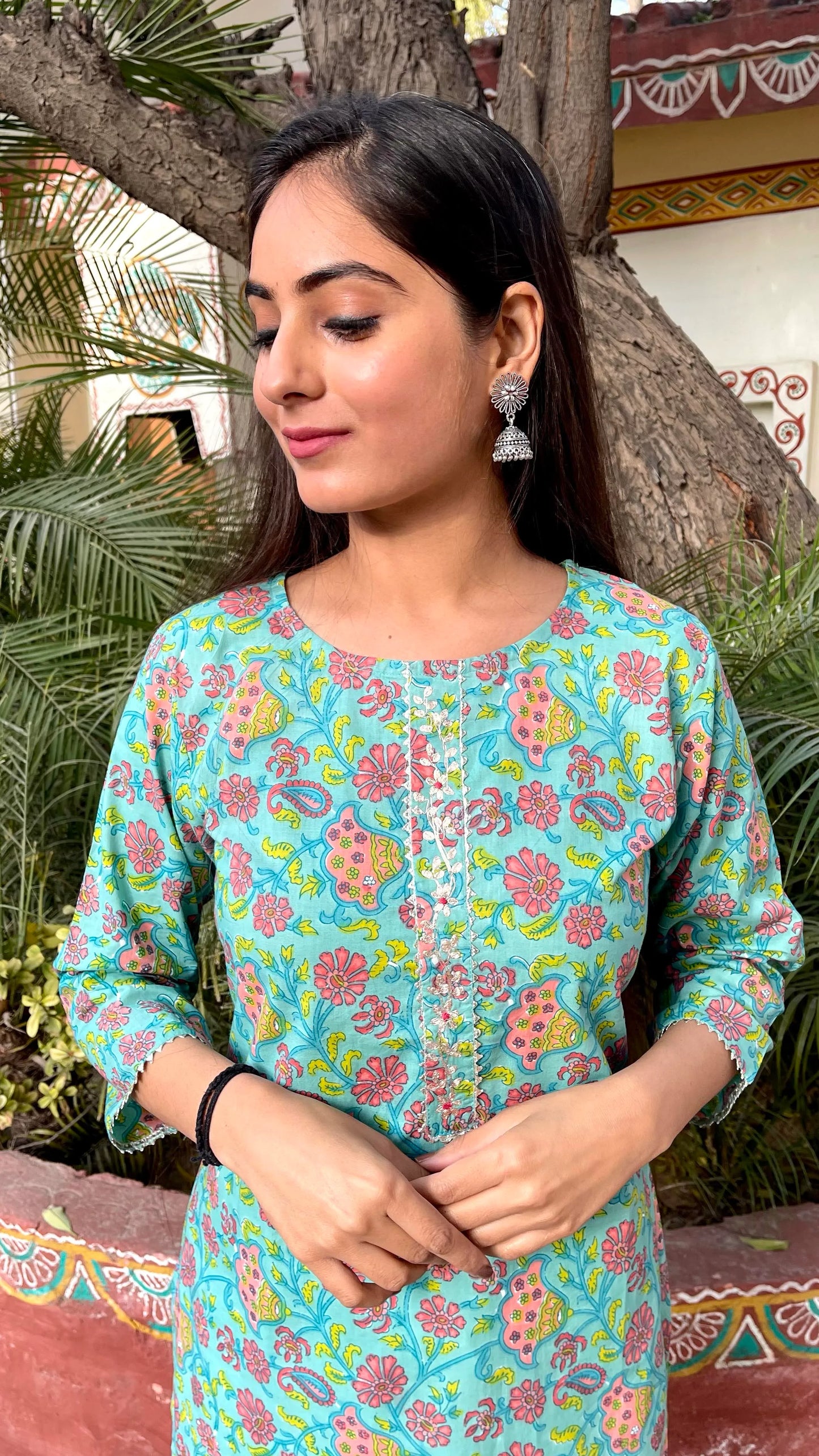 Cyan Embroidered Kurta