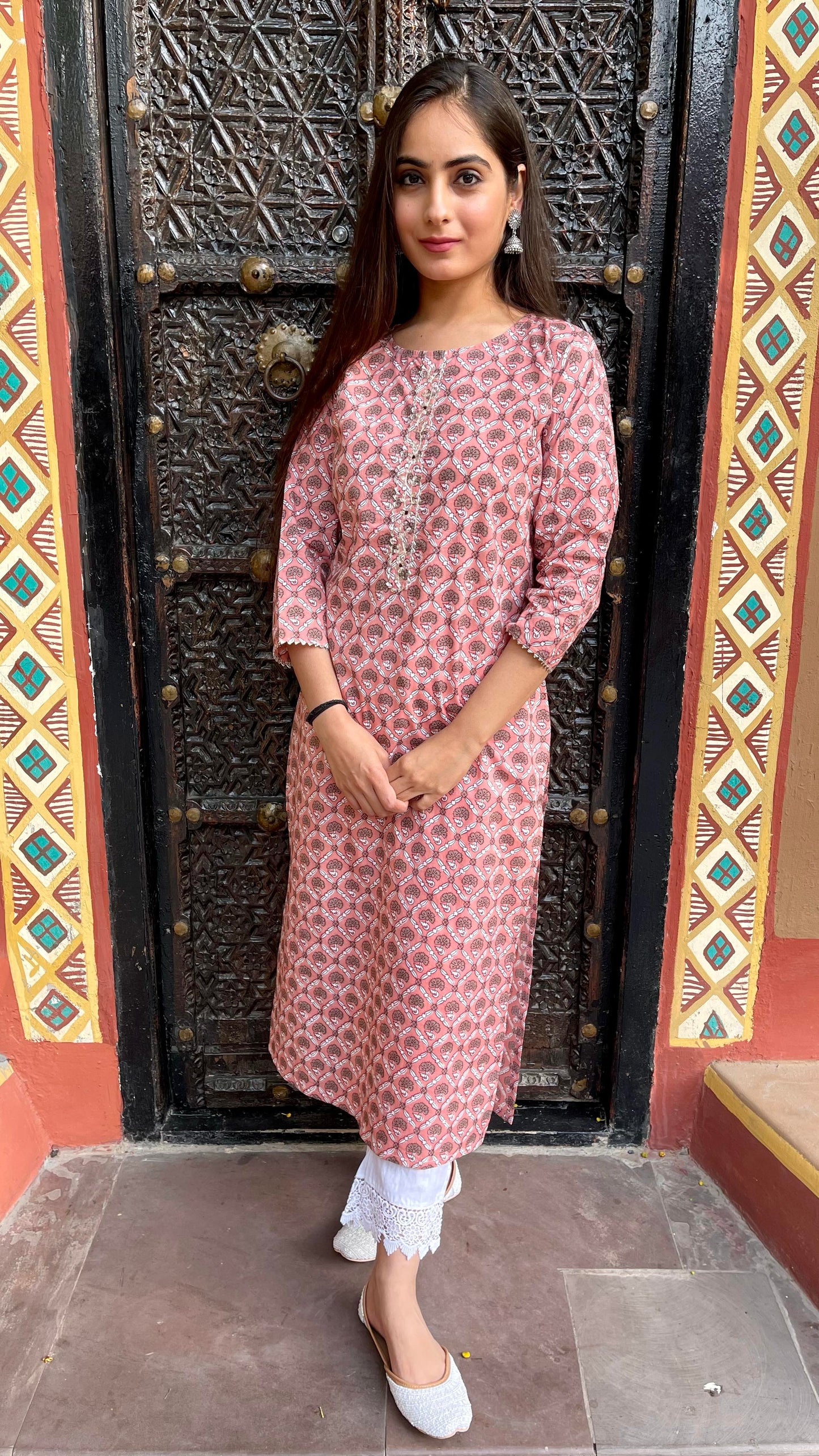 Peach Embroidered Kurta