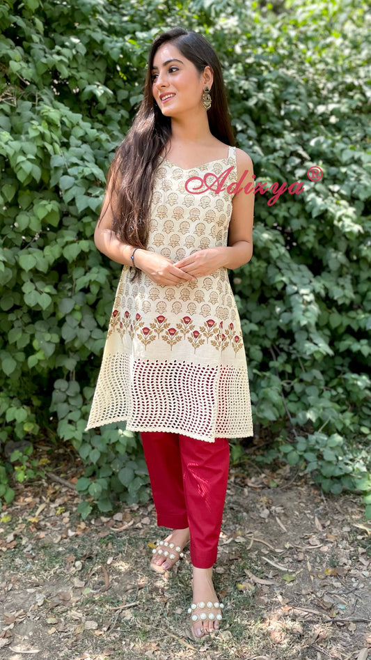 Beige Schiffli Kurta Pant Set