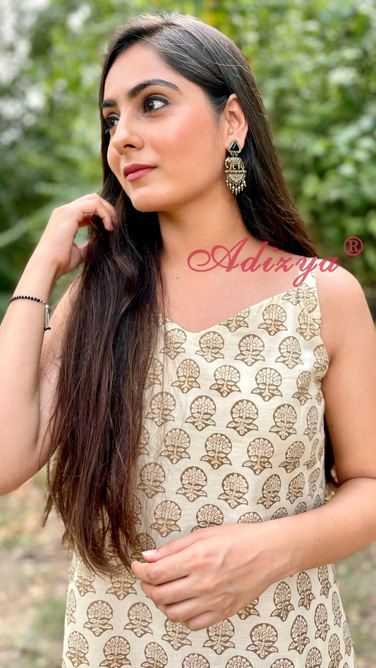 Beige Schiffli Kurta Pant Set