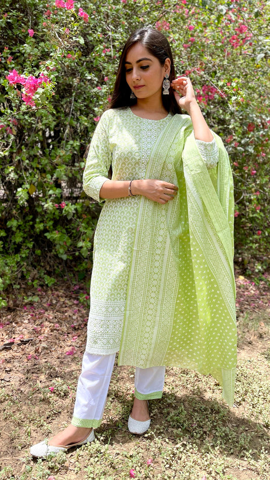 Green White Embroidered Suit