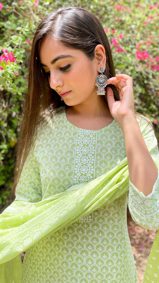 Green White Embroidered Suit