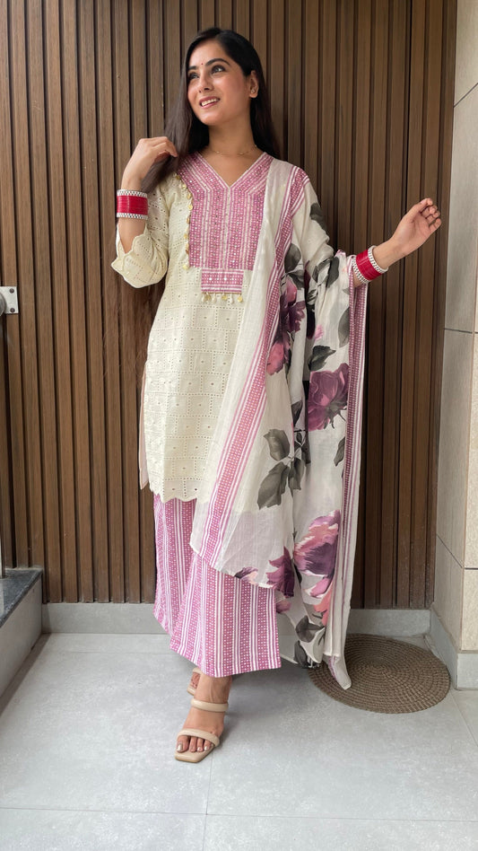 Yashika Cream Schiffli Suit