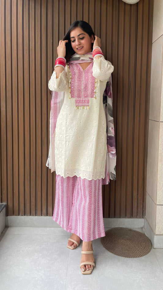 Yashika Cream Schiffli Suit