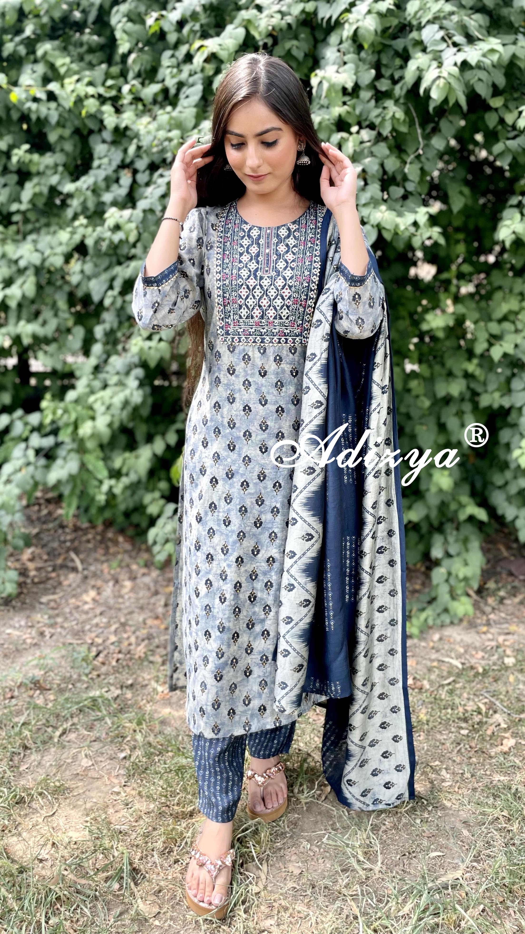 Blue Embroidered Muslin Suit