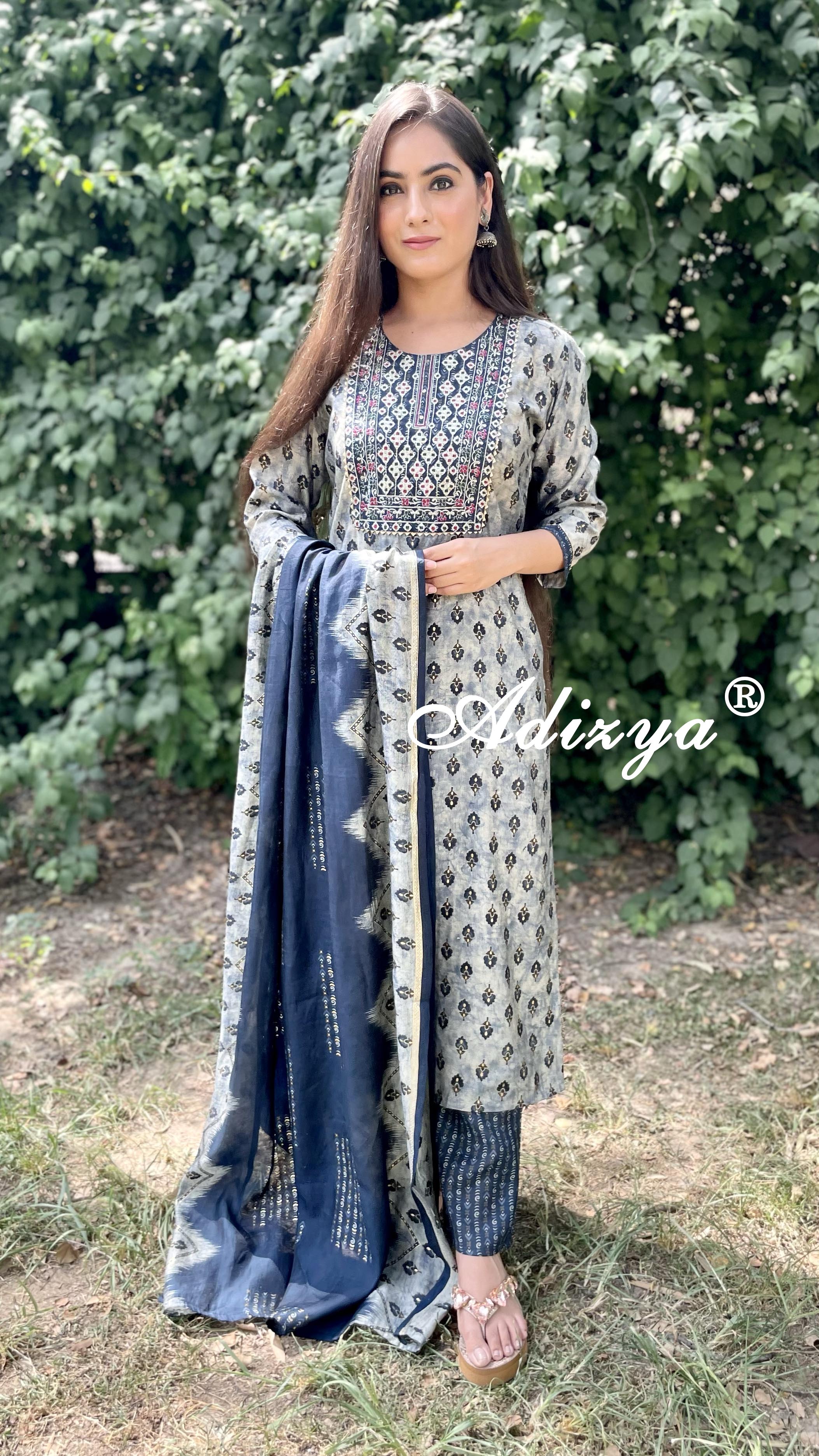 Blue Embroidered Muslin Suit